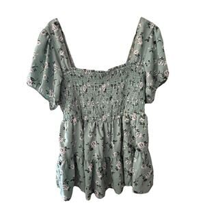 Torrid 1 Baby Doll Top Mint Green Floral Smock Puff Sleeve Cottagecore Fairycore